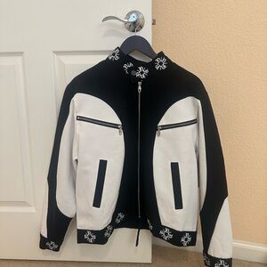 Monochrome Men's Bomber Moto Jacket with Embroidered Details